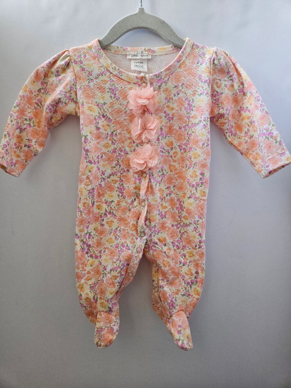 Laura Ashley Baby Girl Pink/Peach Floral One Piece with 3D Flower Detail Sz 0-3M